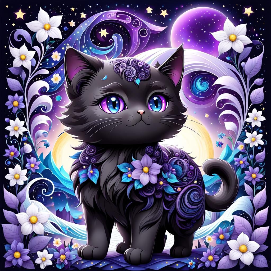 Hyperrealistic Chibi Cat in Starry Night
