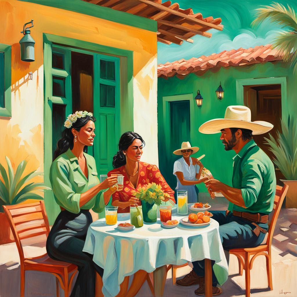 Mexican Cowboy, Surfer, and Dog in Gouache Style