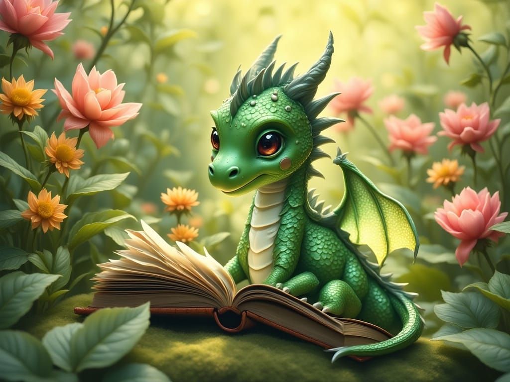 Baby Dragon Reads Book in Enchanted Garden