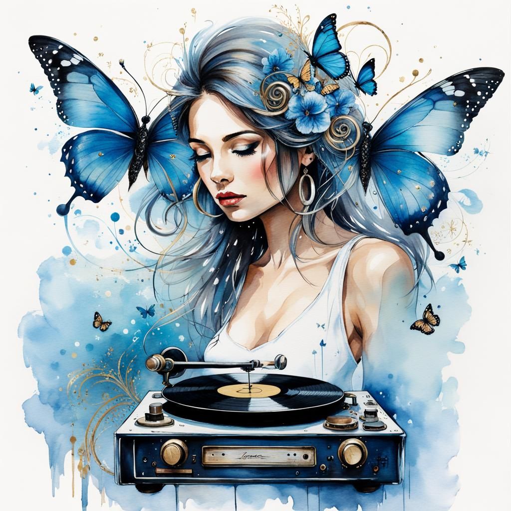Pretty Woman with Vintage Record Player, Watercolor Style