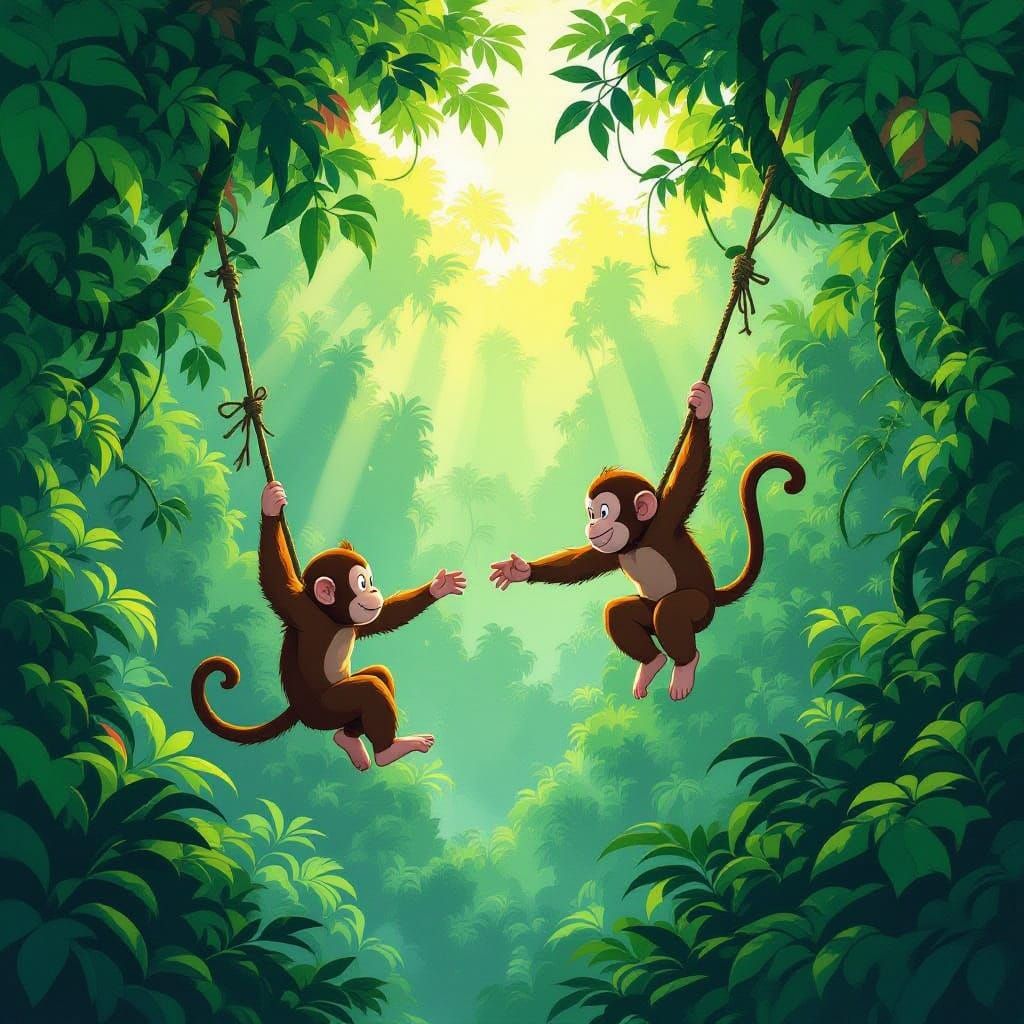 Monkeys Leap Through Vibrant Jungle Canopy in Lush Style