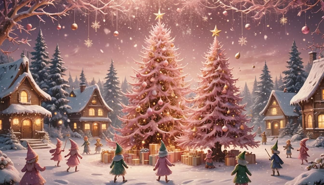 Pink Christmas Tree with Elves in Whimsical Style