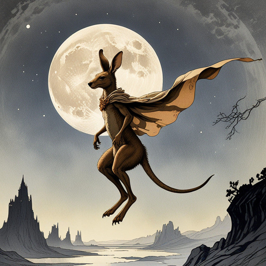 Superhero Kangaroo Flies Over Moon, Illustrative Style