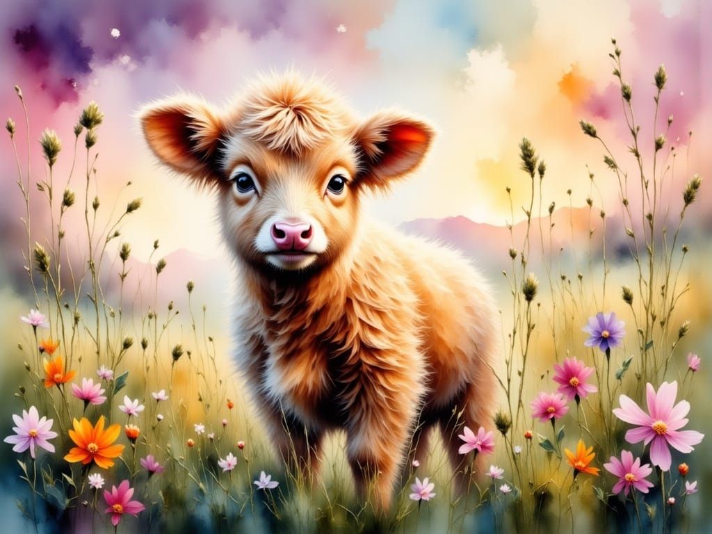 Vibrant Highland Calf in Impasto Oil Painting Style