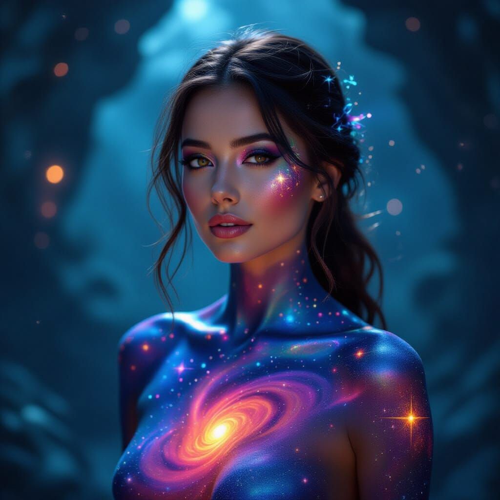 Cosmic Body Art: Woman Adorned with Nebulas