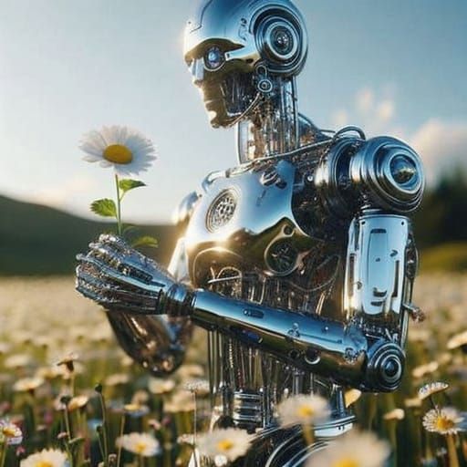 Ethereal Chrome Robot Amidst Vibrant Wildflowers in Octane R...