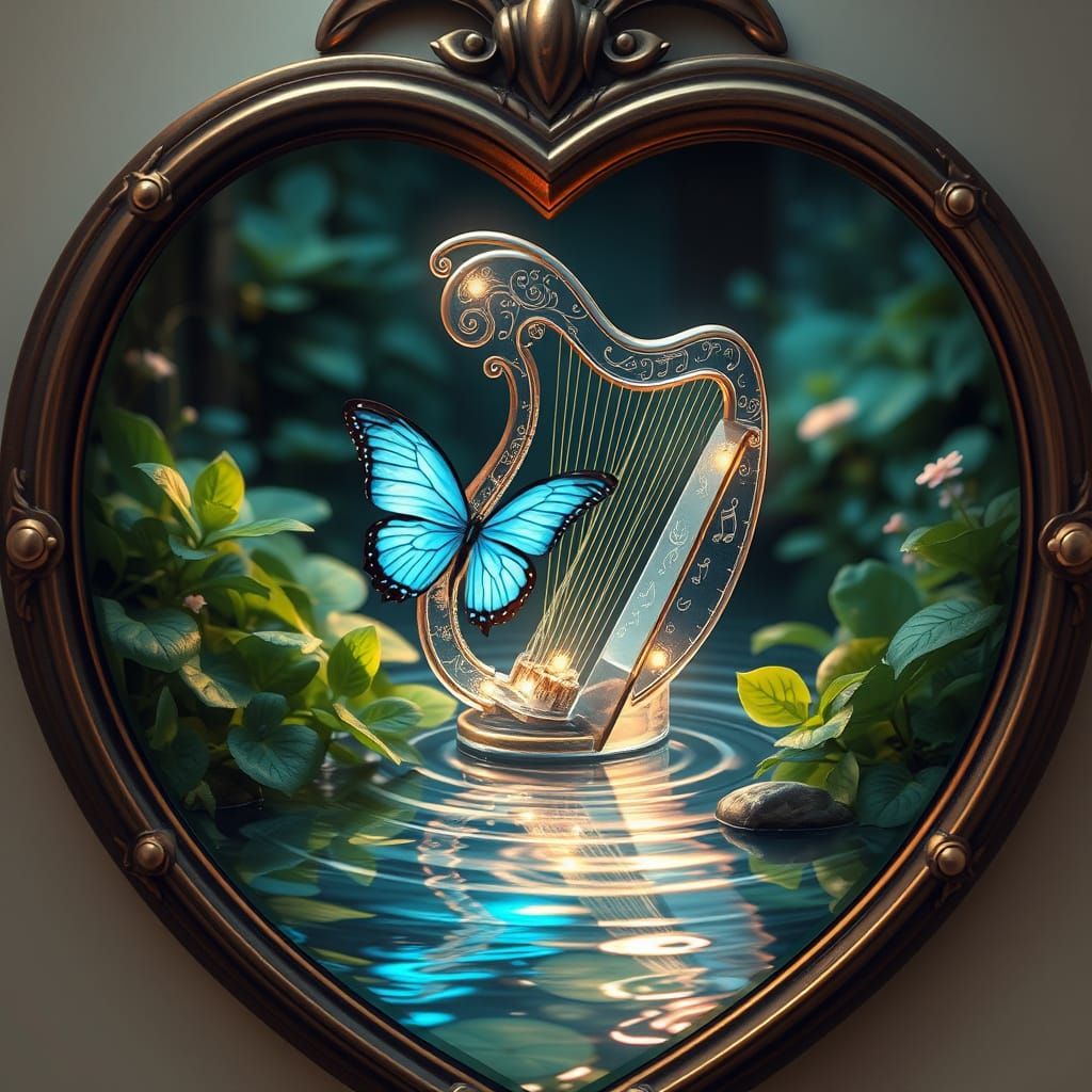 Heart-Shaped Haven with Luminous Butterfly and Glass Harp