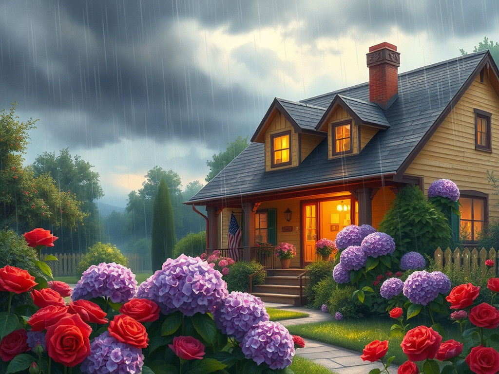 Cozy Rainstorm Scene in Watercolor Style