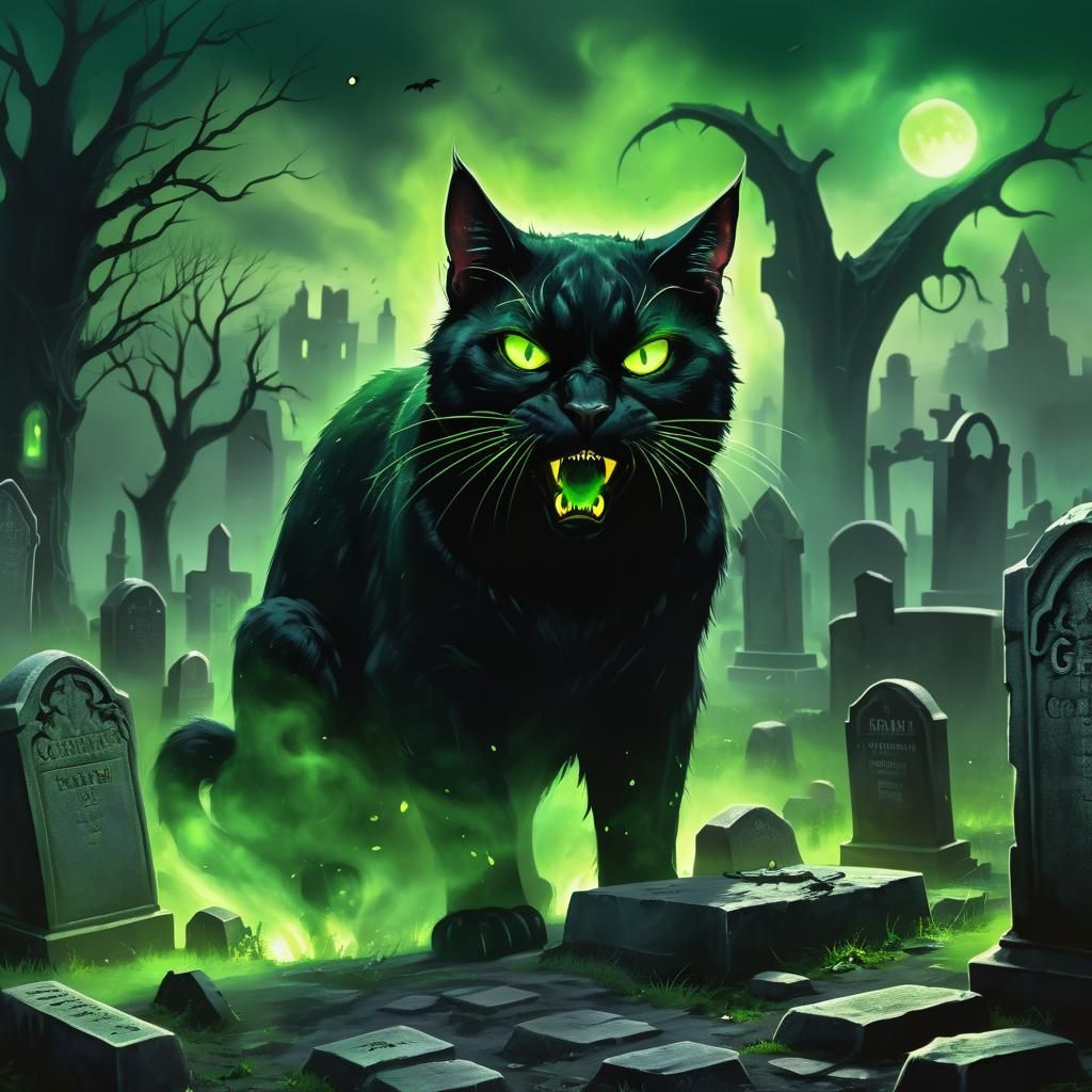 Menacing Black Cat in Gothic Graveyard Digital Art