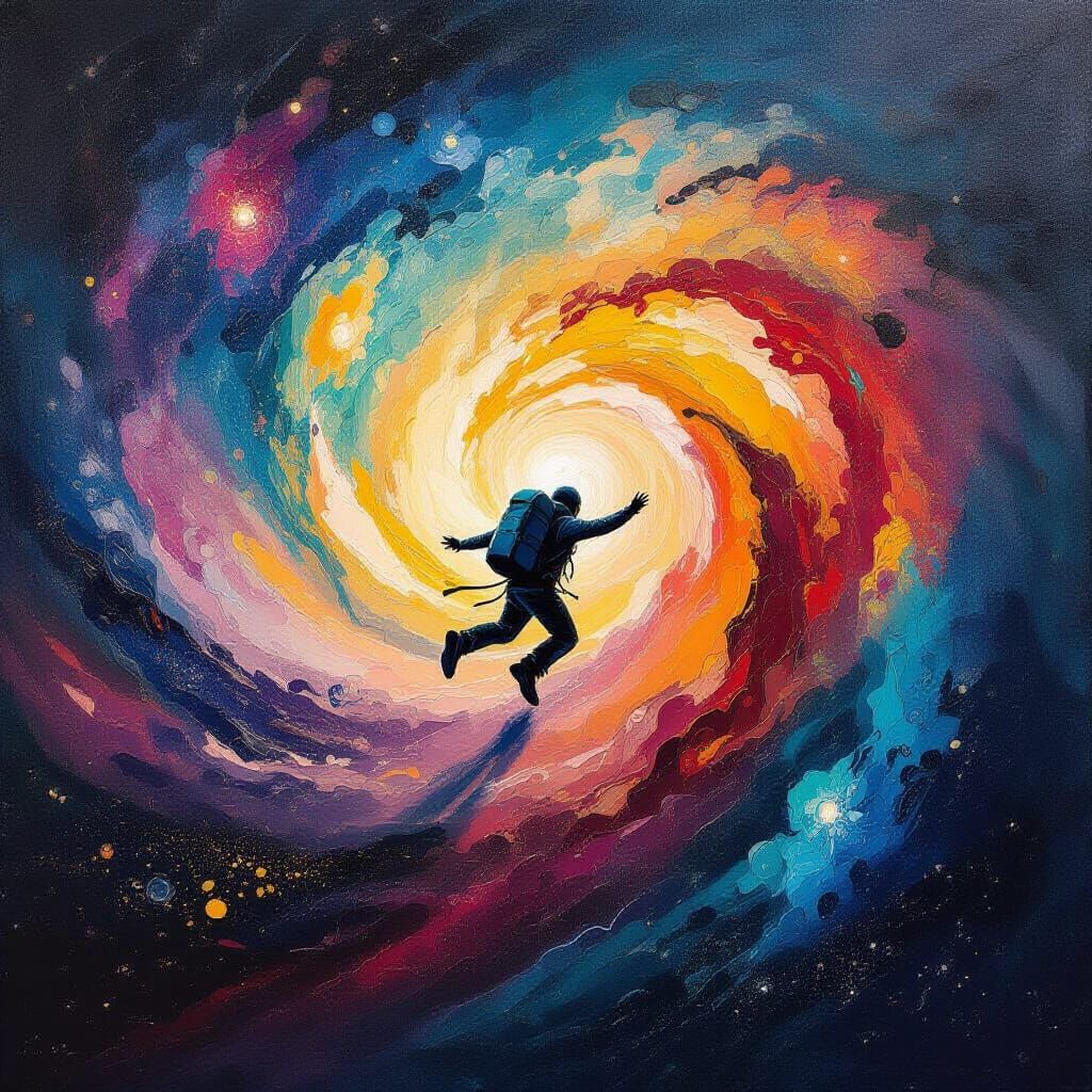 Alpinist Tumbling Through Nebula in Abstract Expressionism