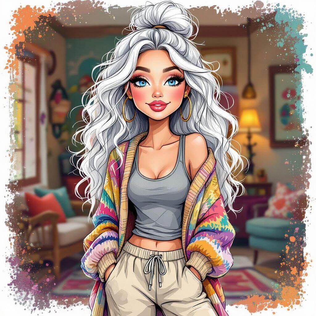 Glamorous Woman Cartoon in Boho Style