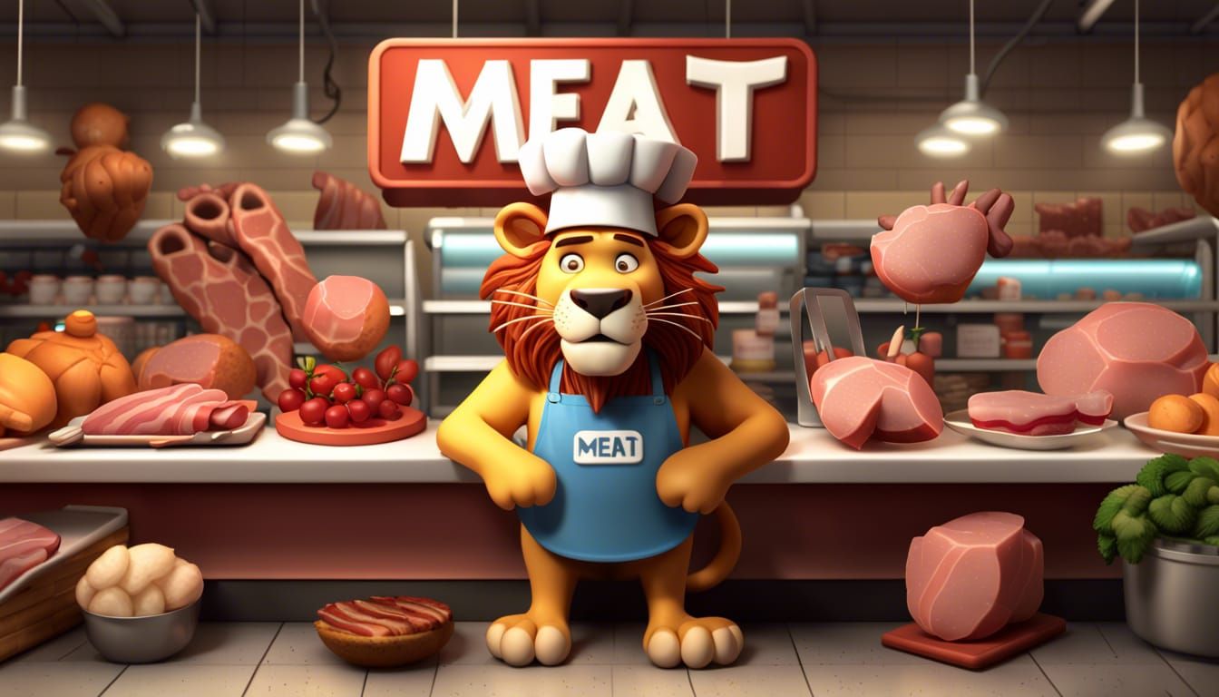 Lion Chef at Meat Counter: Pixar Style 3D Render