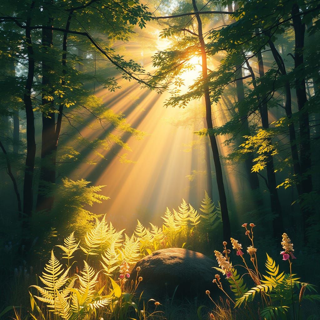 Warm Golden Light in a Lush Forest Landscape