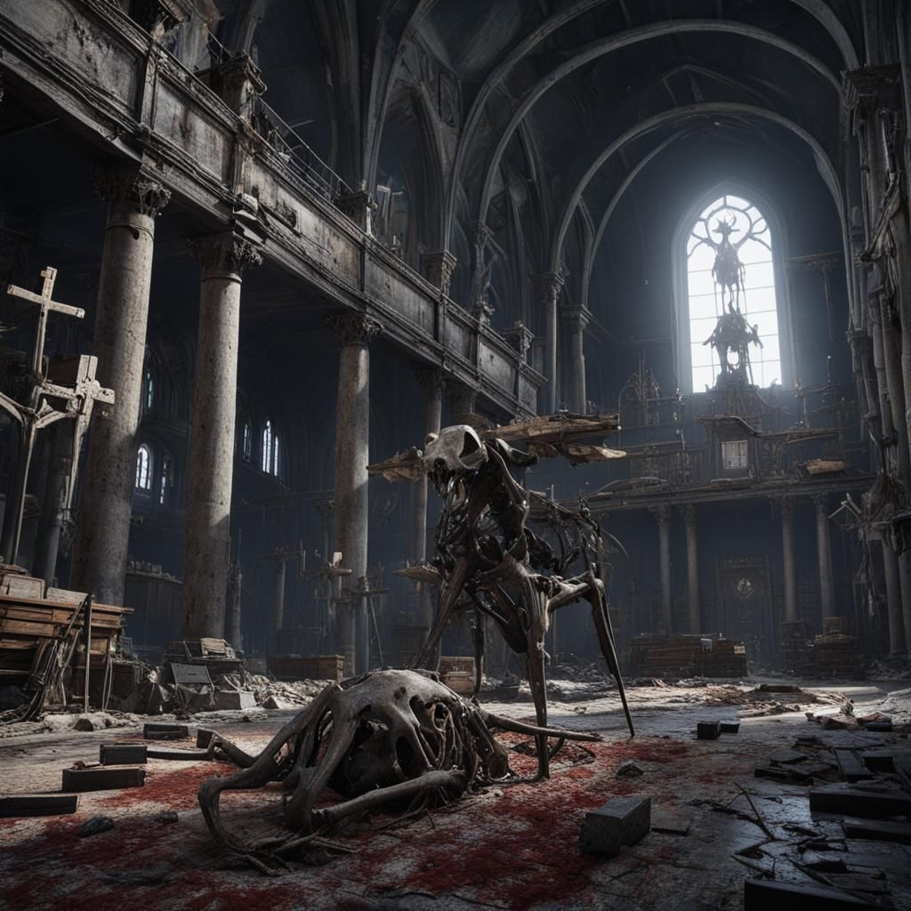 (RAM skeleton:1.5) with long legs. Catholic wooden cross, all in a horror setting.
