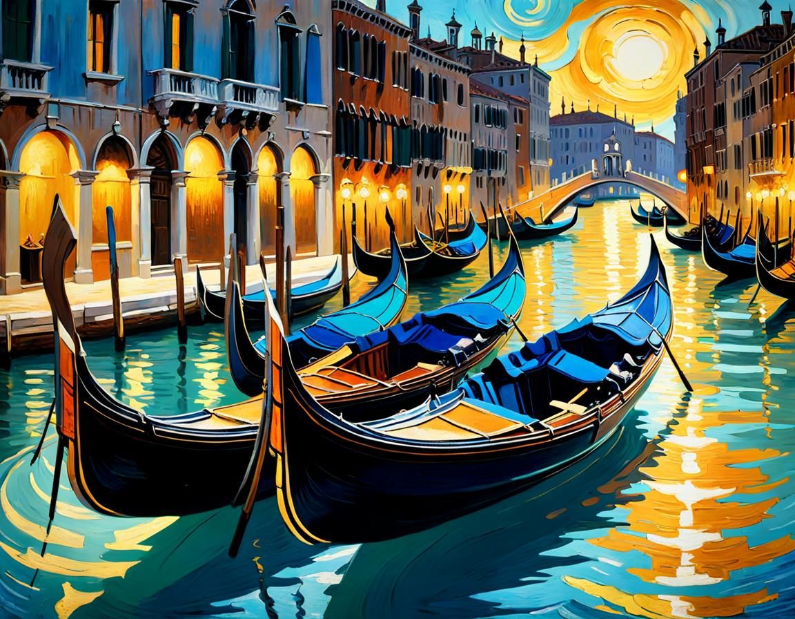 Venice Gondolas in Impressionist Style with Golden Reflectio...
