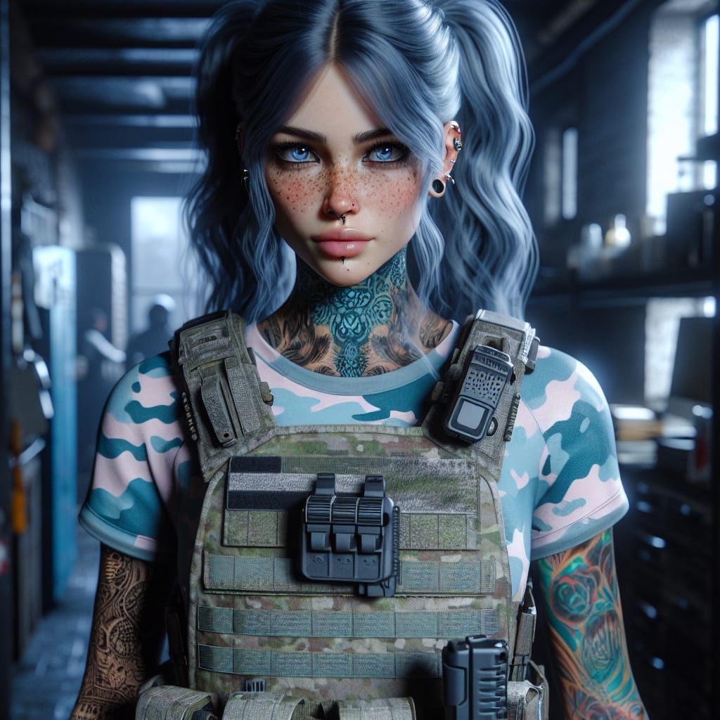 Gothic Hispanic Woman in Camo Outfit