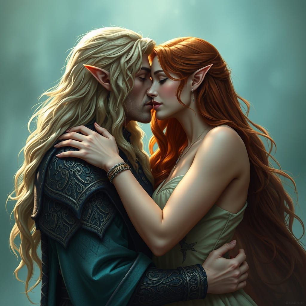 Regal Elf King Embraces Human Maiden in Vibrant Fantasy Land...