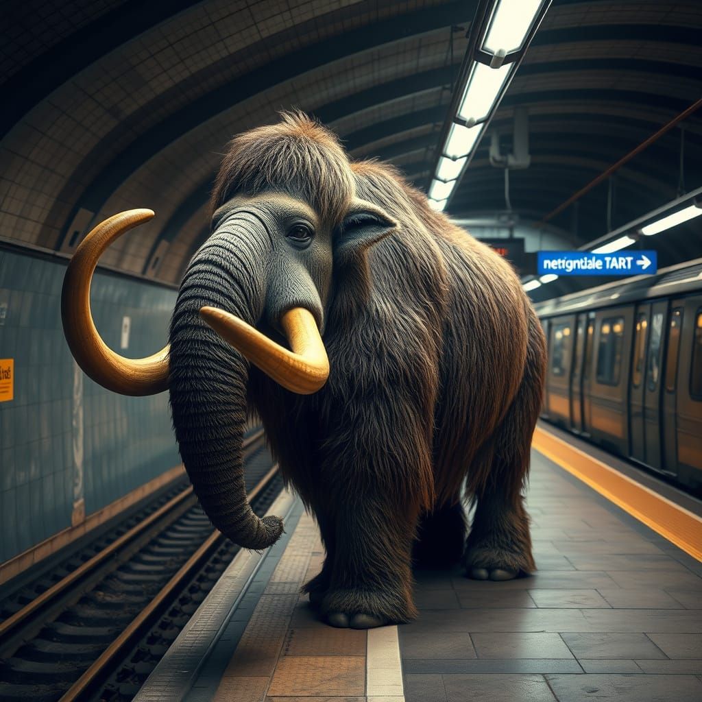 Woolly Mammoth on Subway Platform: Photorealistic Image