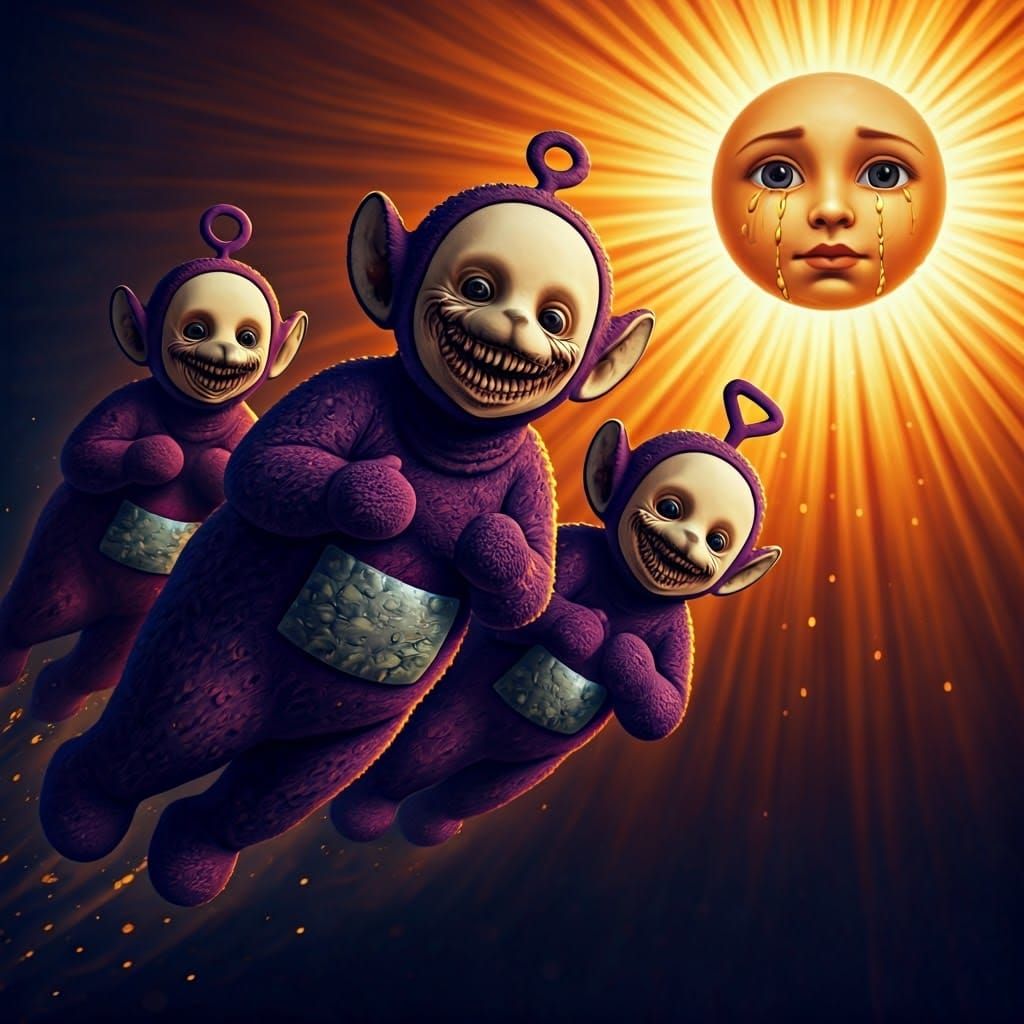 Dark Surreal Flying Teletubbies Beside Crying Baby Sun