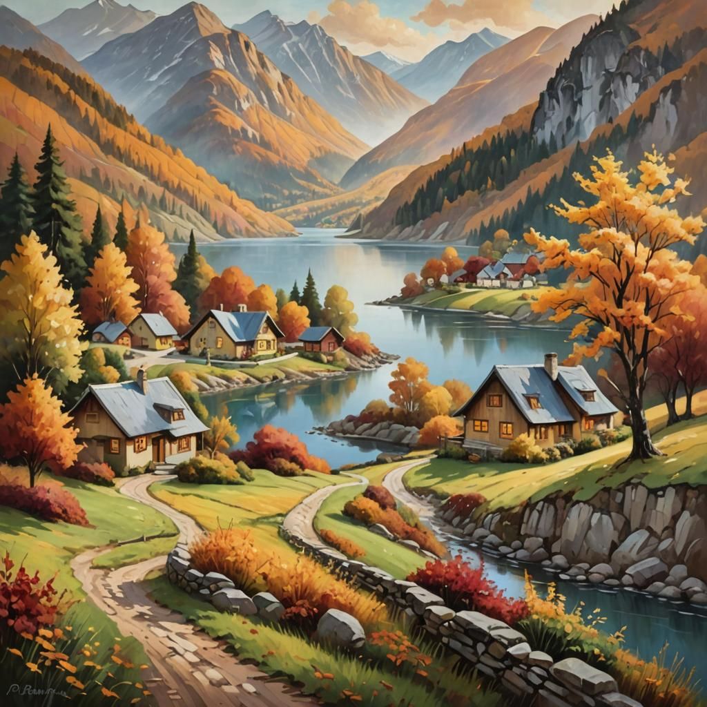 Autumn Landscape Oil Painting with Lake and Cottages
