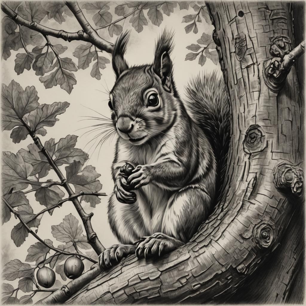 Engravable Charcoal Drawing of Squirrel with Acorn