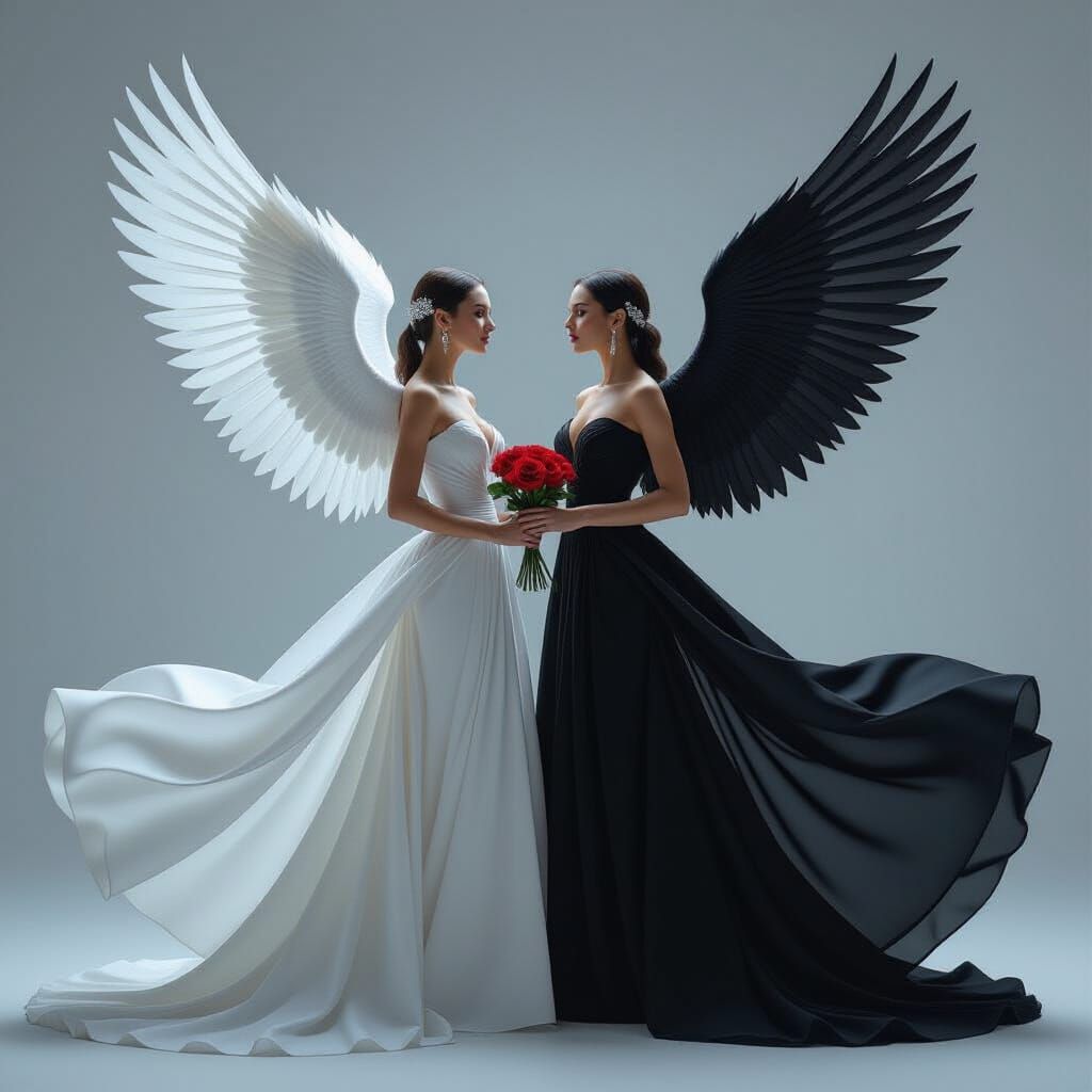 Mystic Duality: Angelic and Dark Being with Red Rose