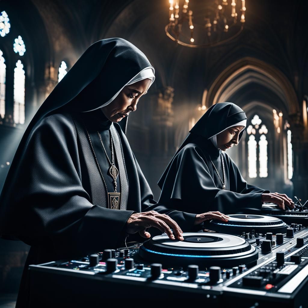 Hyperrealistic DJ Nuns in Cinematic Style