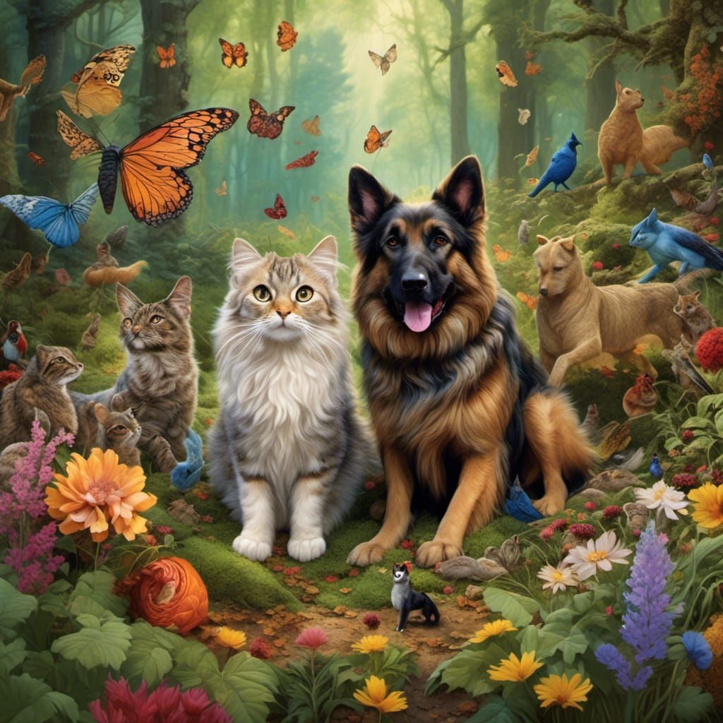 Cat and Dog Embrace in Forest Glade
