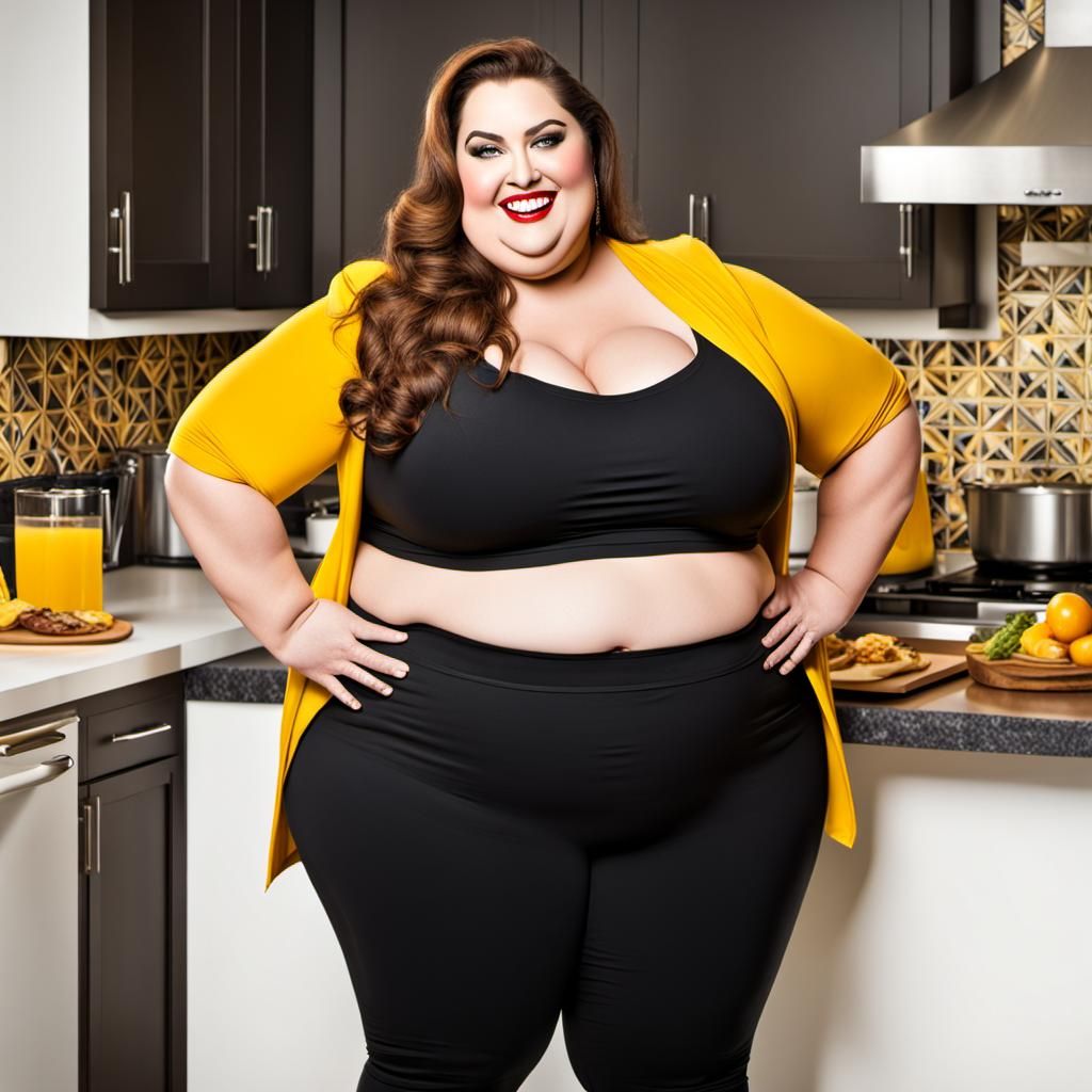 Obese Woman with Elaborate Makeup in Kitchen