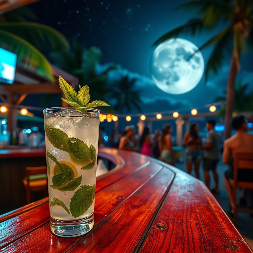 Mojito Cocktail in Cuban Chiringuito, Hyperrealistic Style