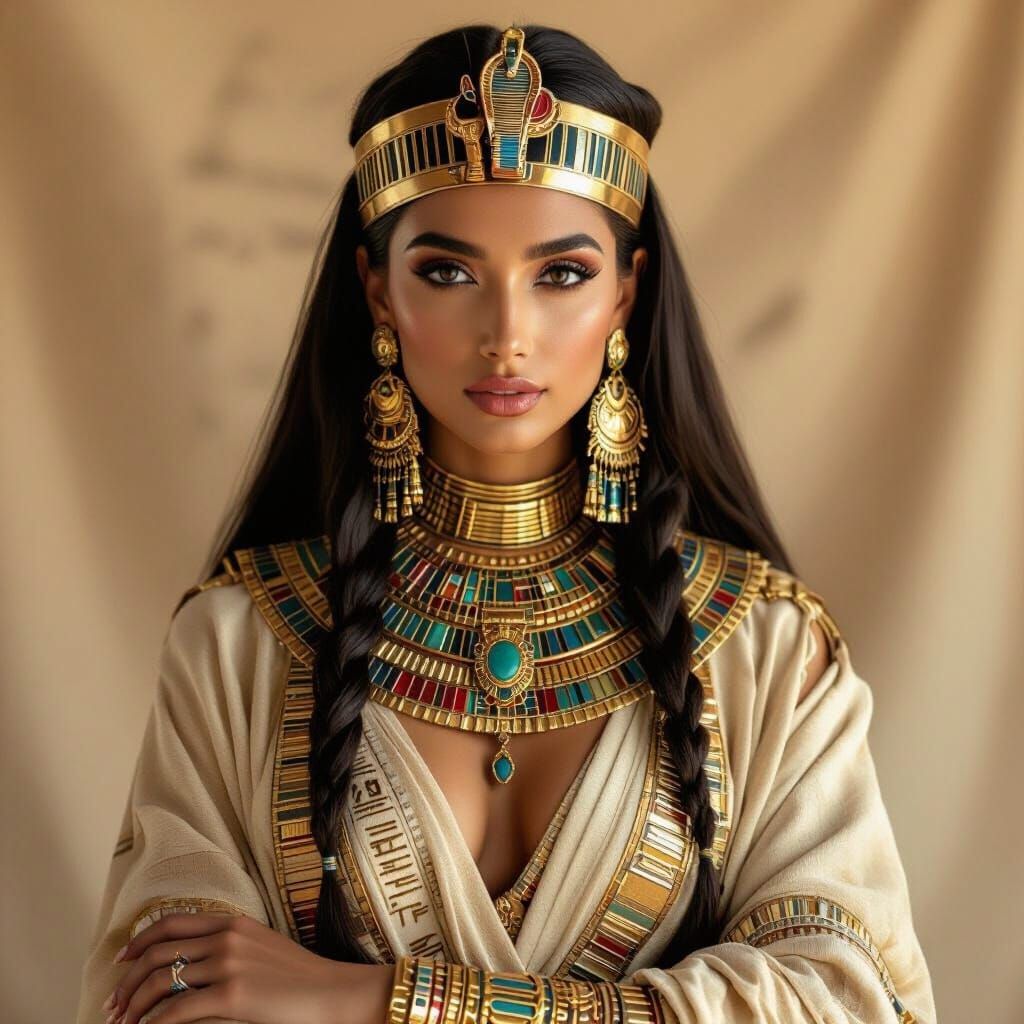 Regal Egyptian Figure in Ornate Headdress and Jewelry