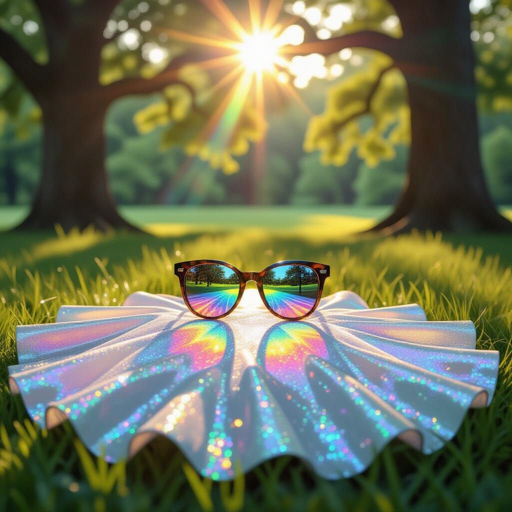 Sunglasses Reflecting Rainbows on Shimmering Dress in Forest