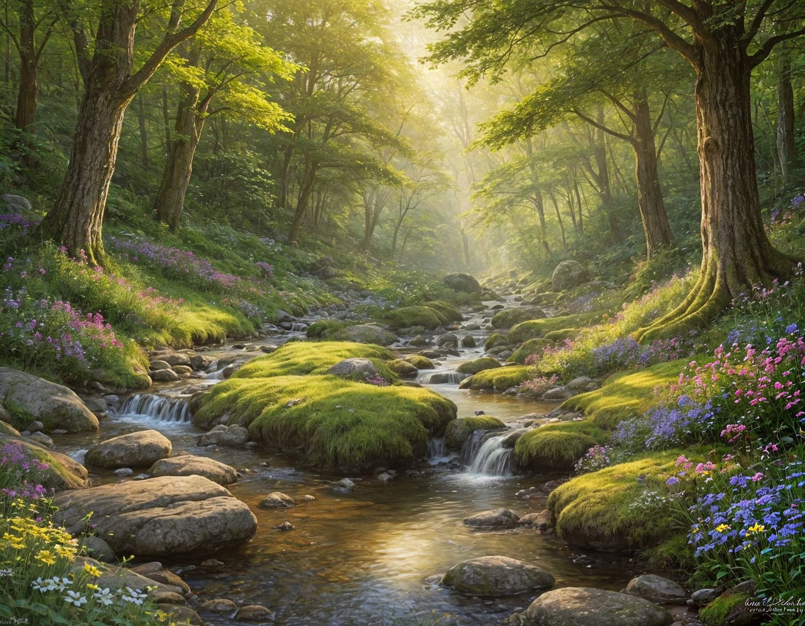 Serene Glade with Glowing Wildflowers and Gentle Stream