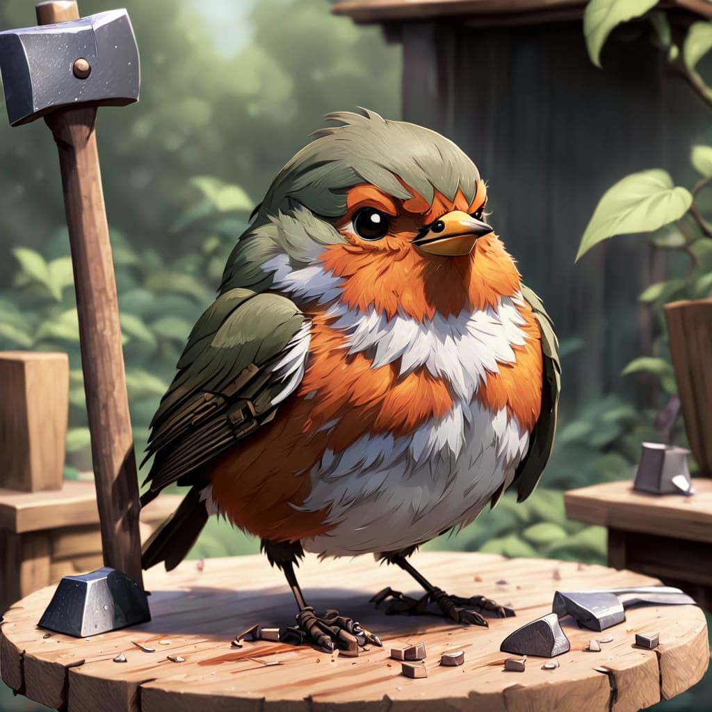 Chibi Robin Redbreast with Hammer in Anime Style