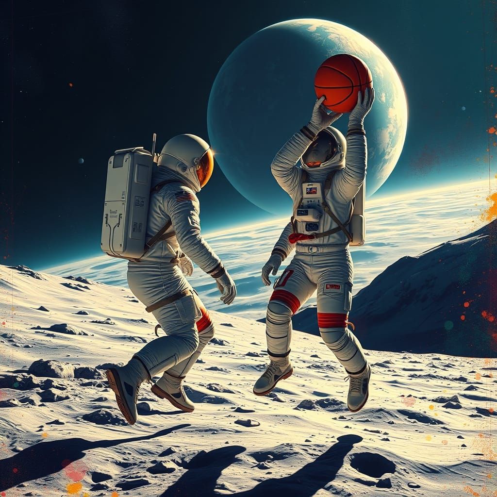 Astronauts Play Basketball on the Moon in Splash Art Style