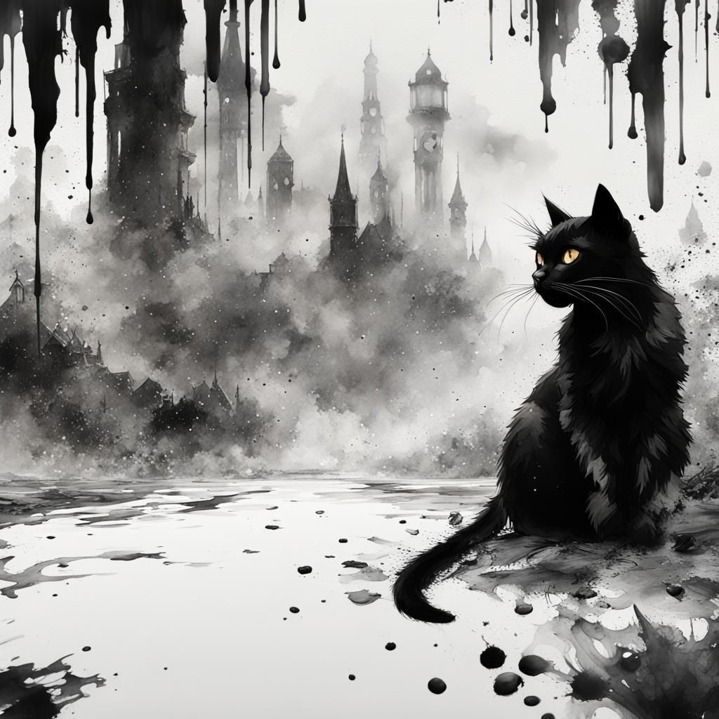 Black Cat in Watercolor with Ink Splatters