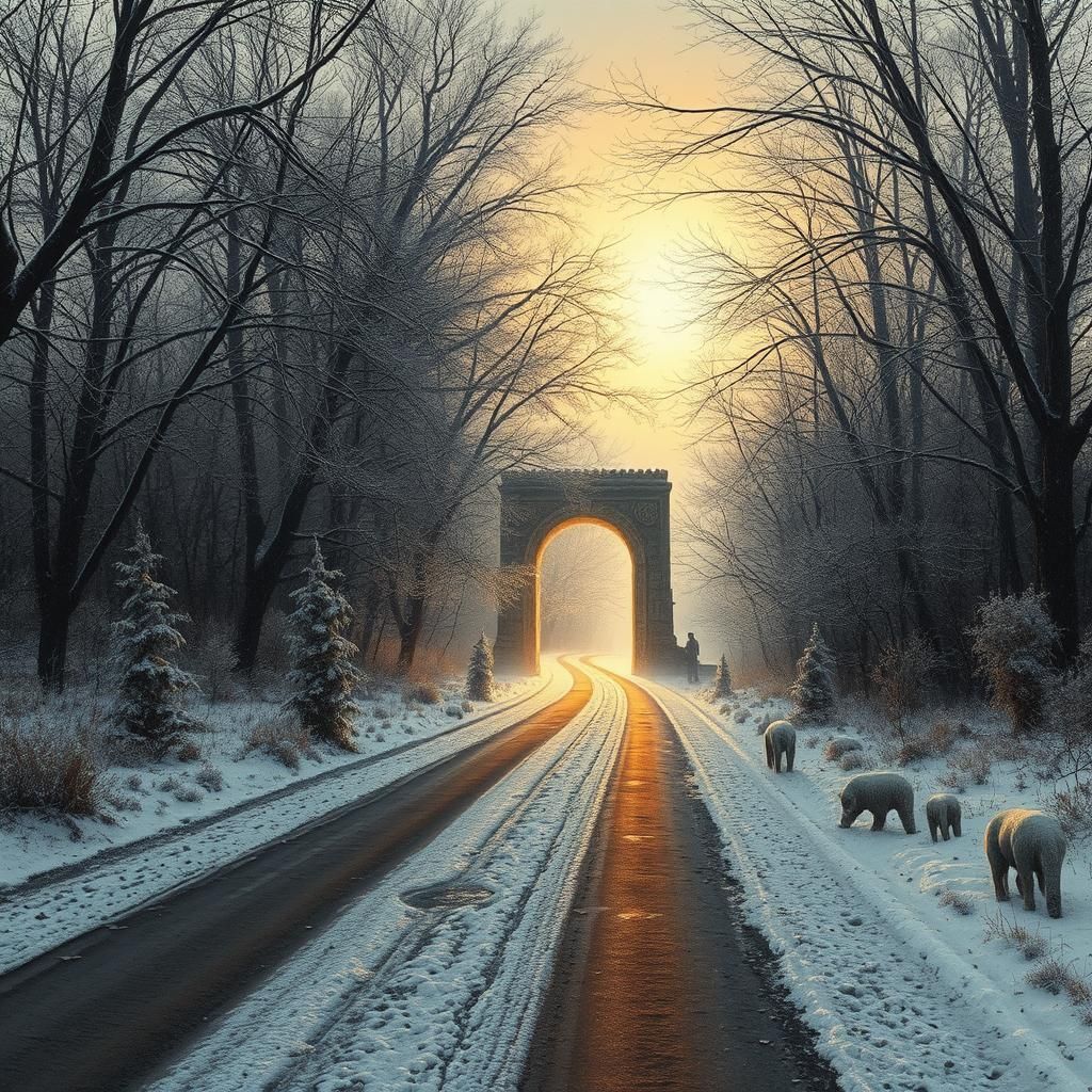 Mystical Winter Portal at Autumn Road's End