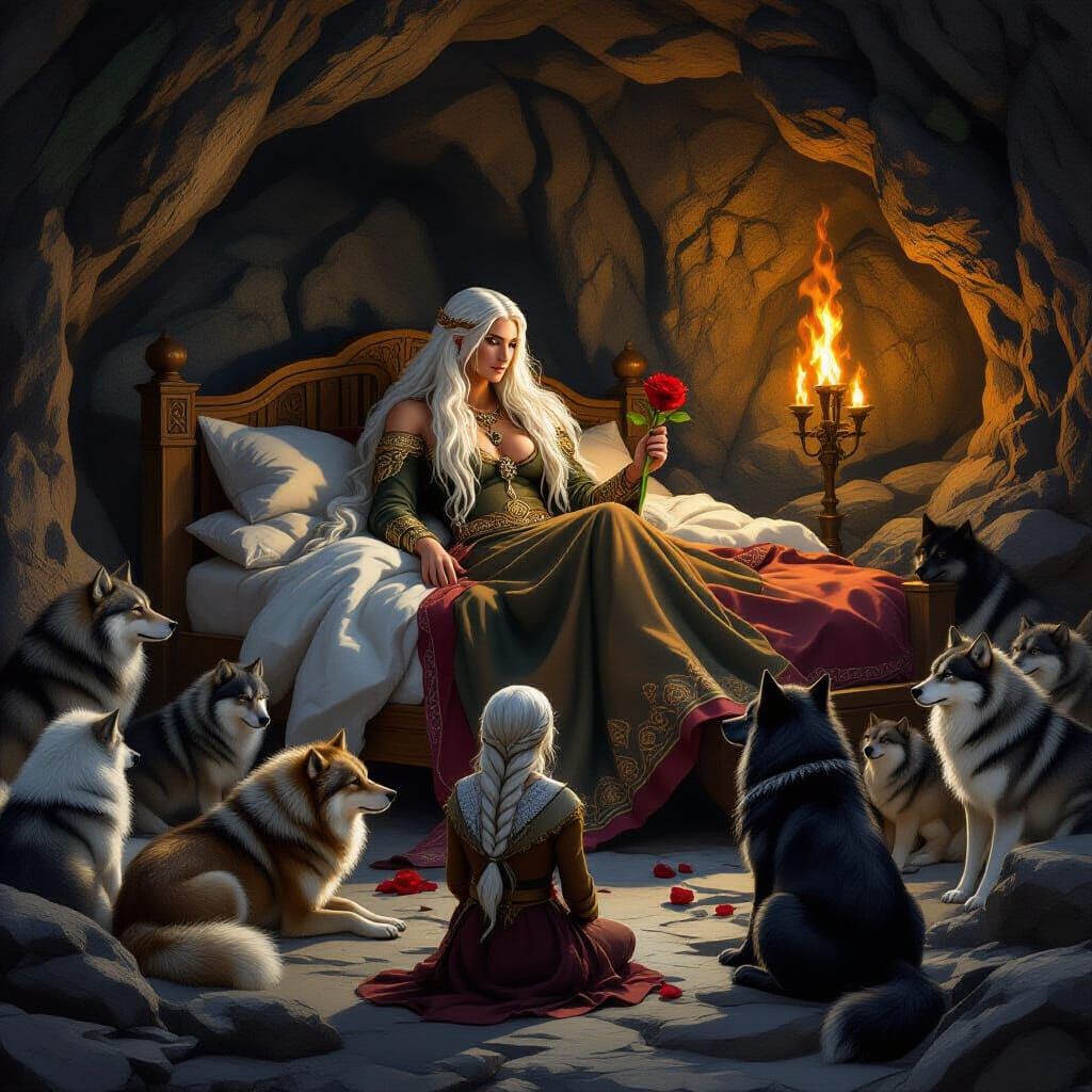 Norse Giantess Hyndla on Bed Surrounded by Wolves