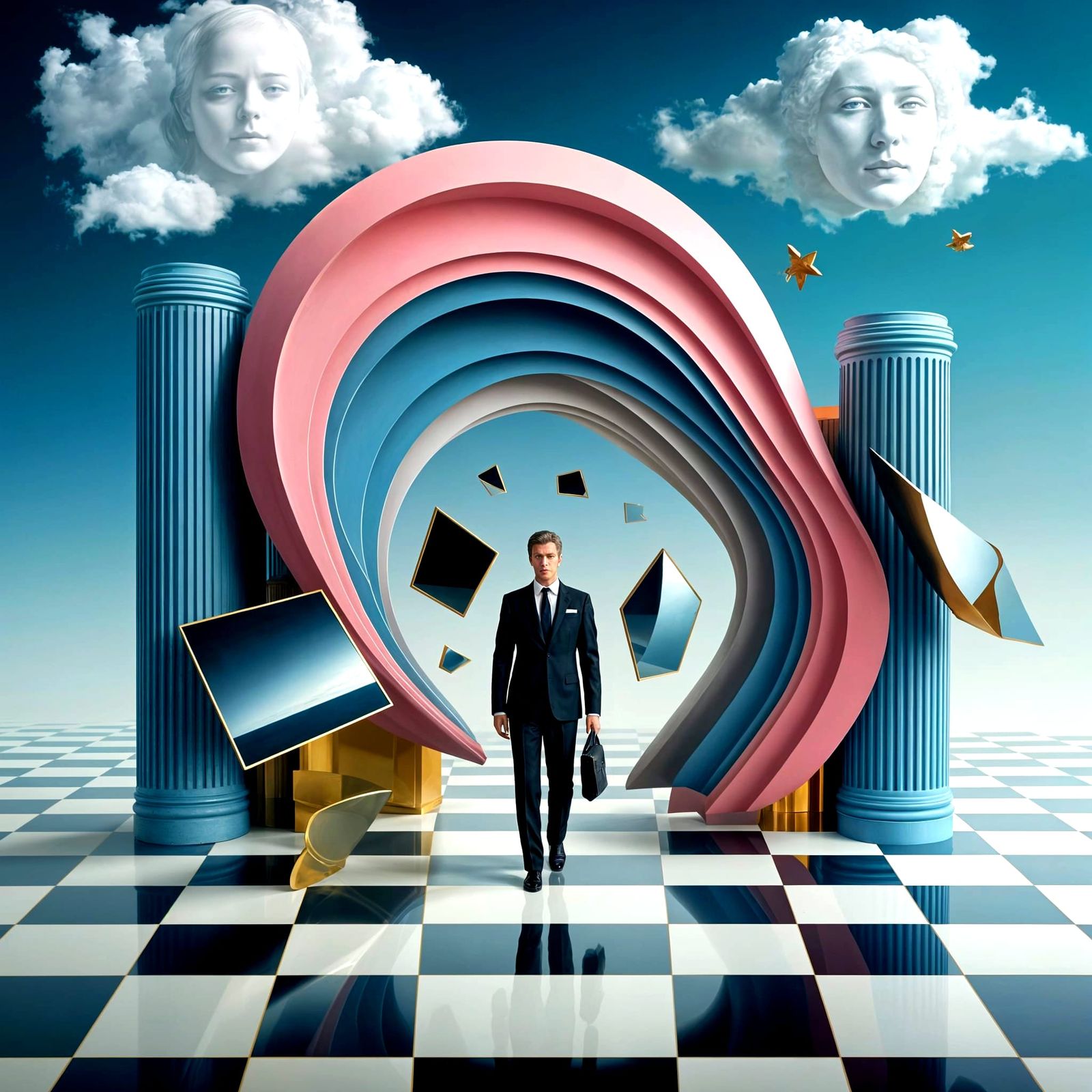 Surreal Architectural Scene in the Style of Magritte