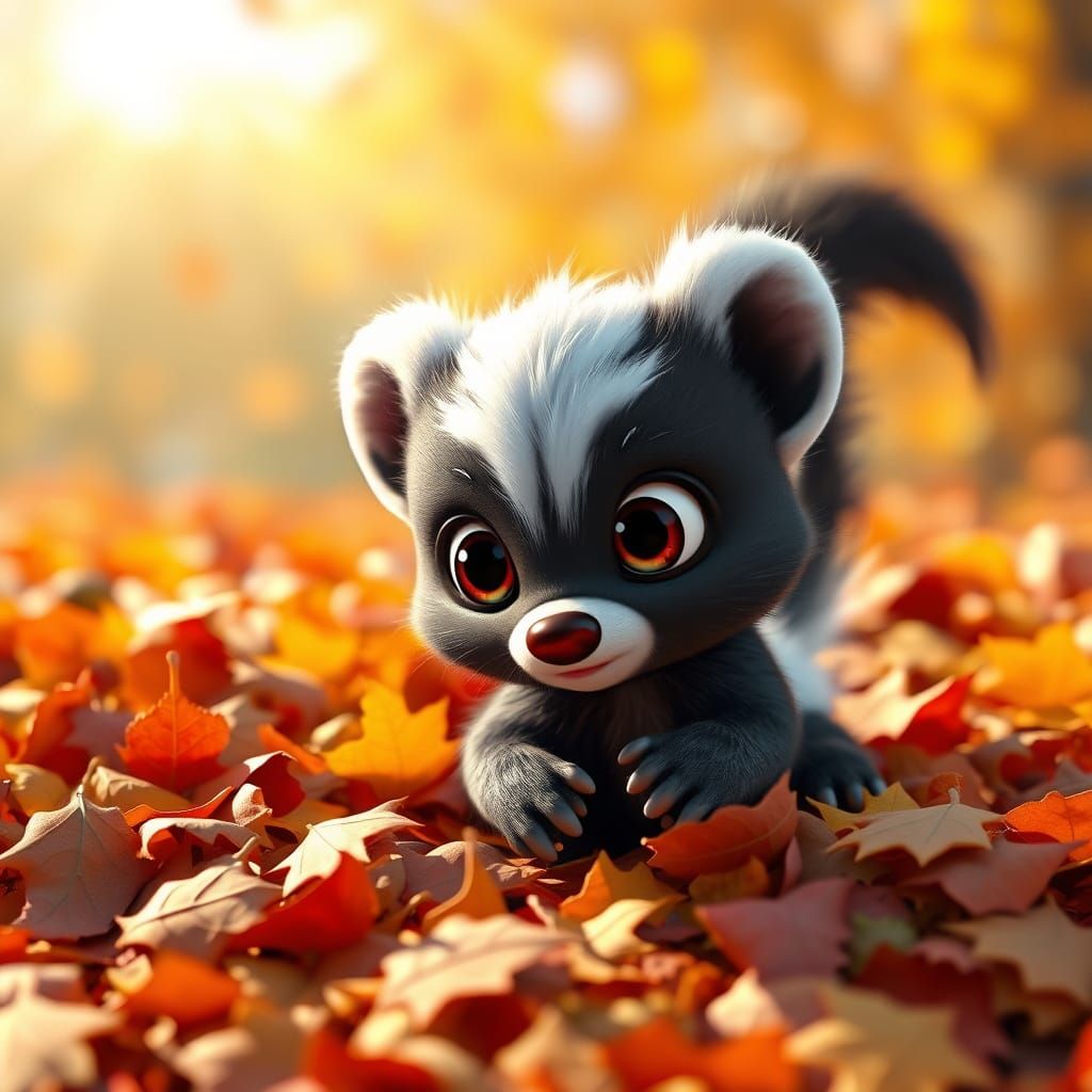 Adorable Baby Skunk in Autumn Leaves, Pixar Style