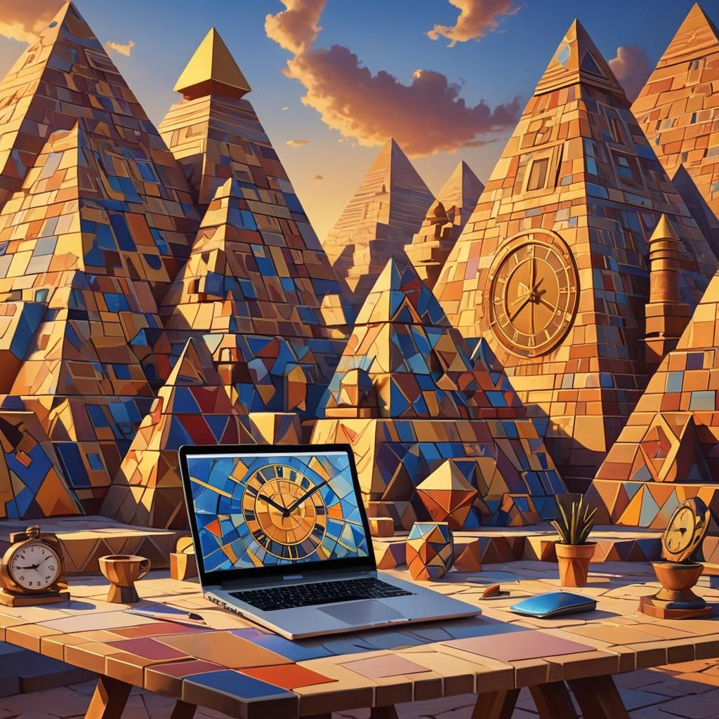 Cubist Pyramids: Laptop and Clock in Geometric Fauvism