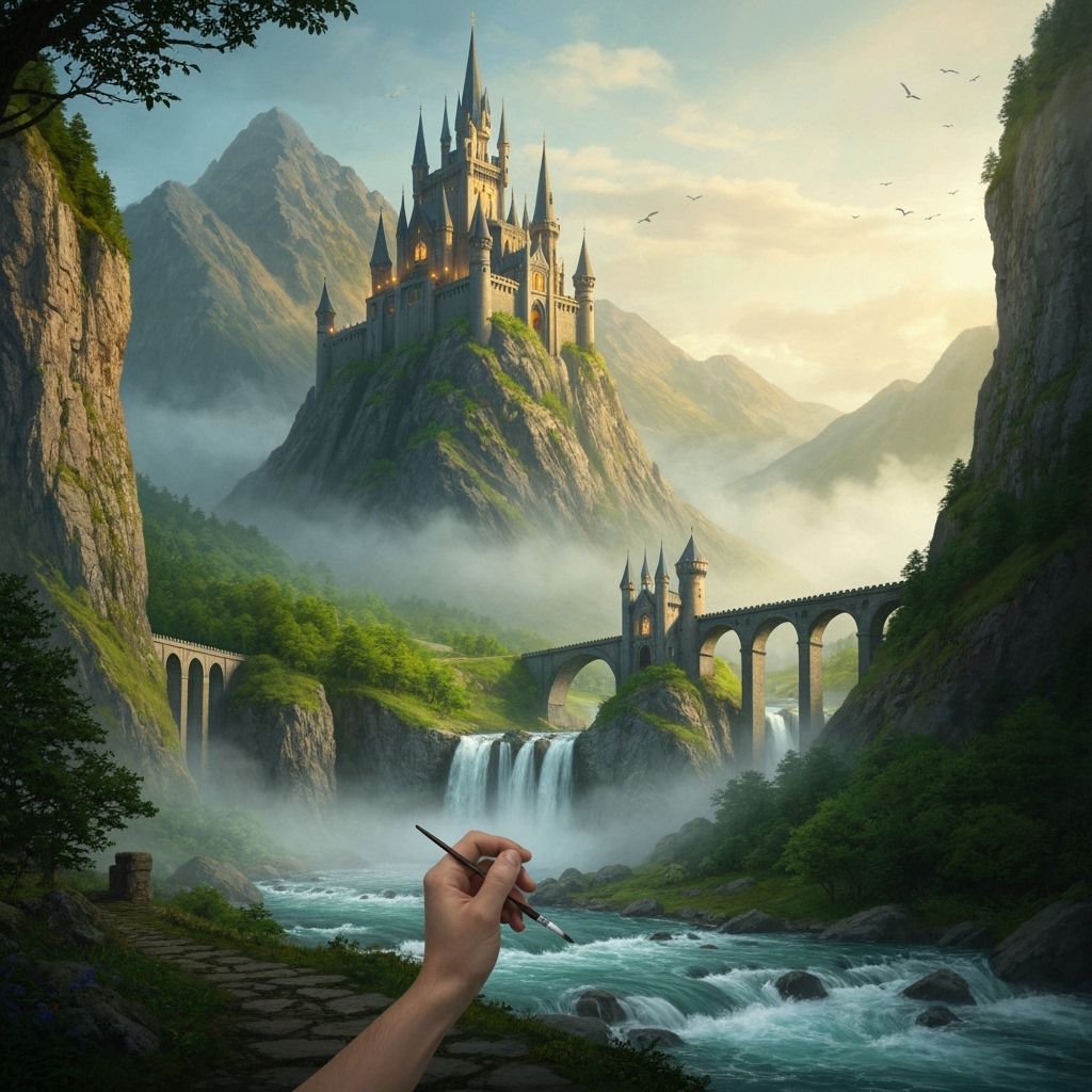 Gothic Castle on Misty Mountain in Digital Painting