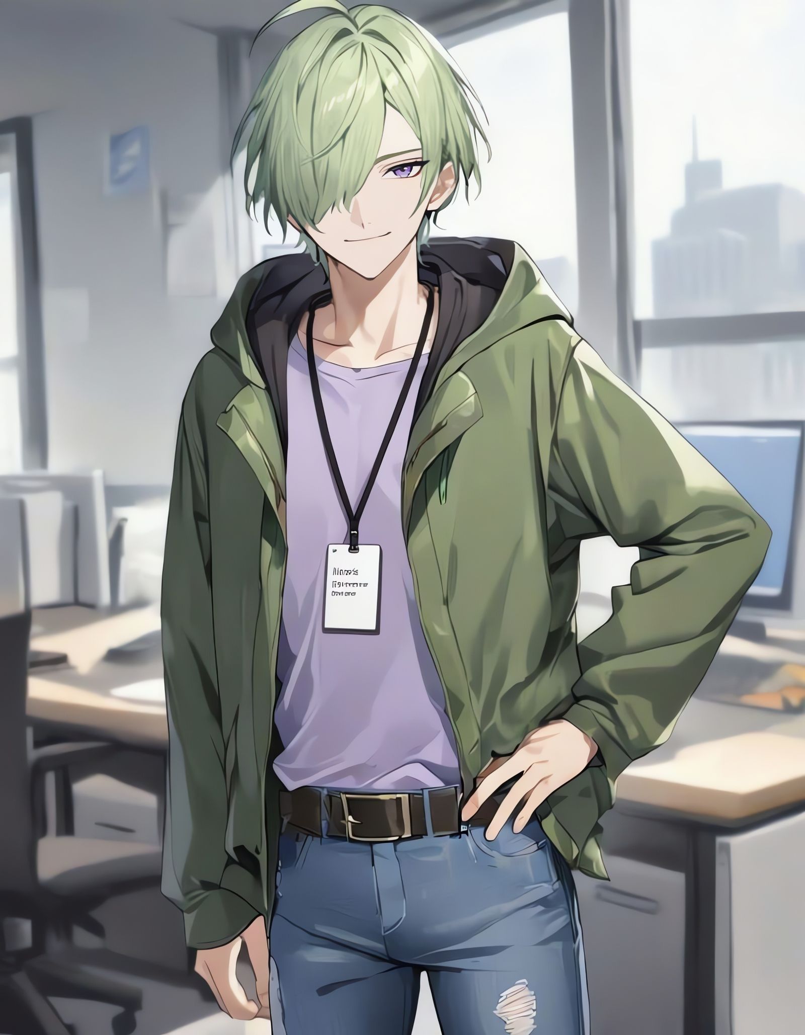 Bishounen in Green Jacket Standing in Office