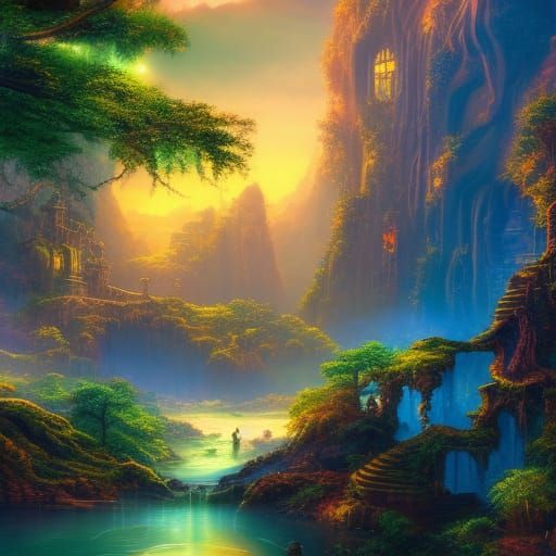 Steampunk Jungle City with Sapphire Waterfalls