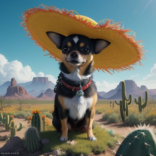 Chihuahua with Sombrero in Desert Landscape