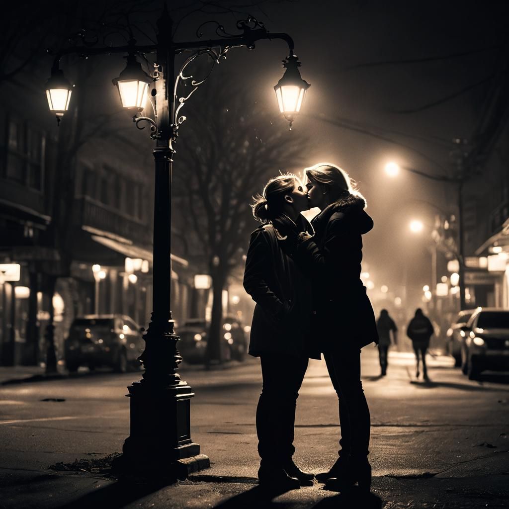 Lesbian Couple Kissing Under Street Lamp at Night