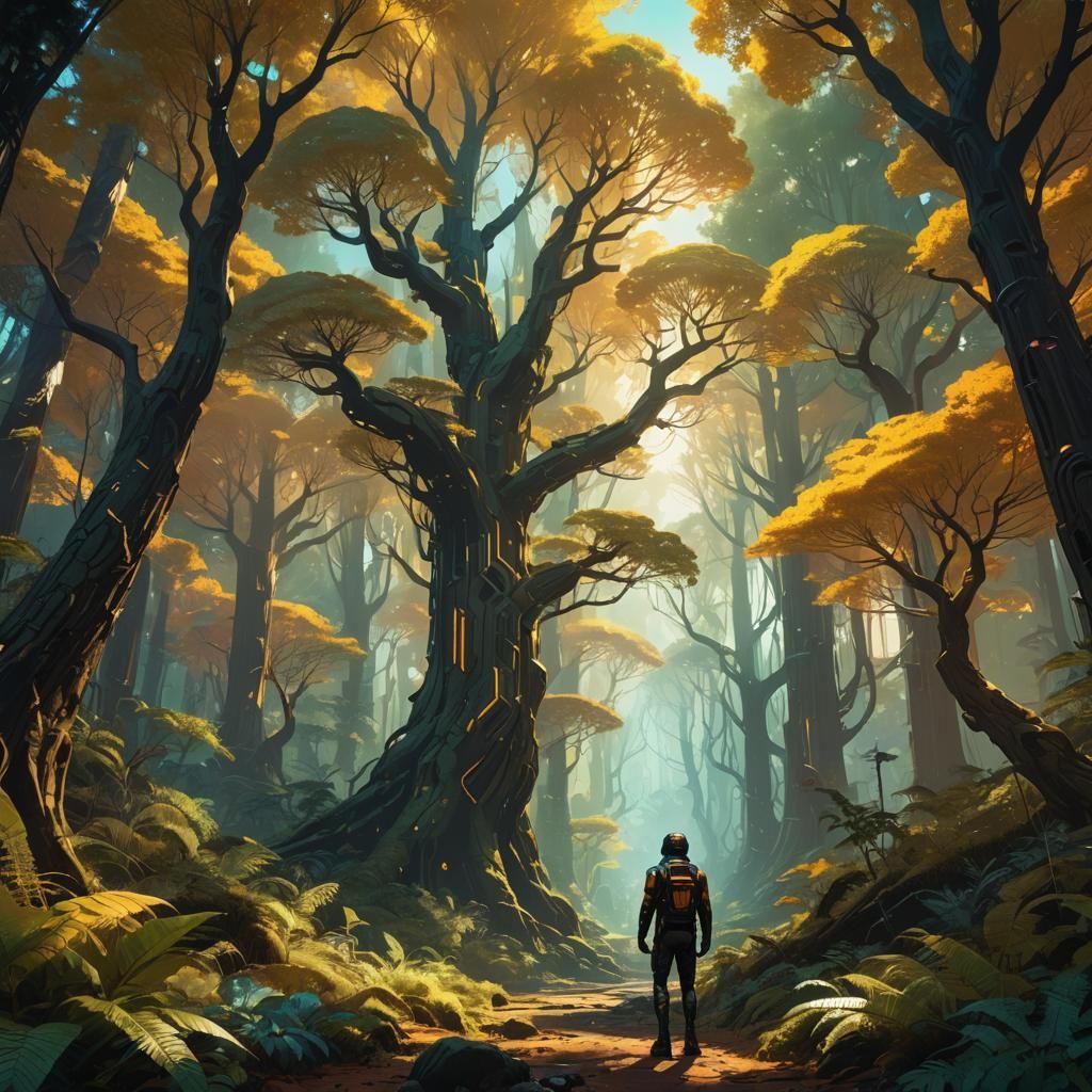 Mystical Figure in Surreal Forest Concept Art