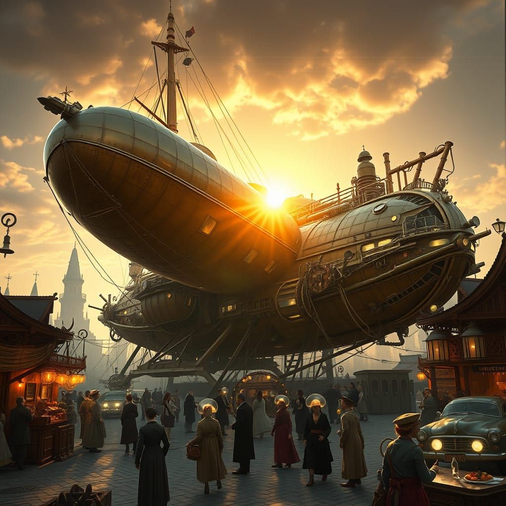 Ethereal Steampunk Airship Radiates in Golden Light