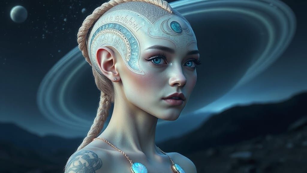 Alien Woman with Opal Skin and Glowing Tattoos