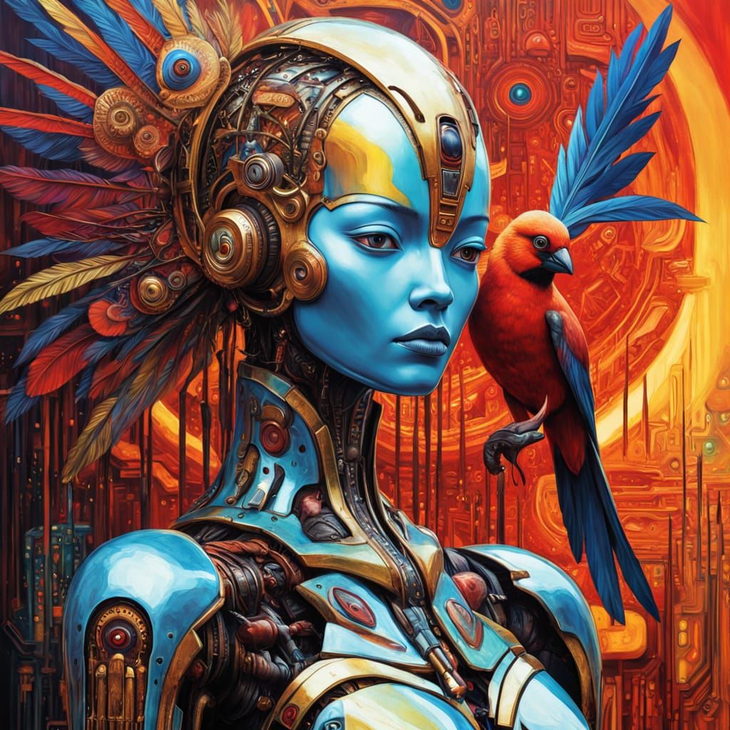 Biomorphic Android Cyborg and Bird Woman in Vibrant Oil Pain...
